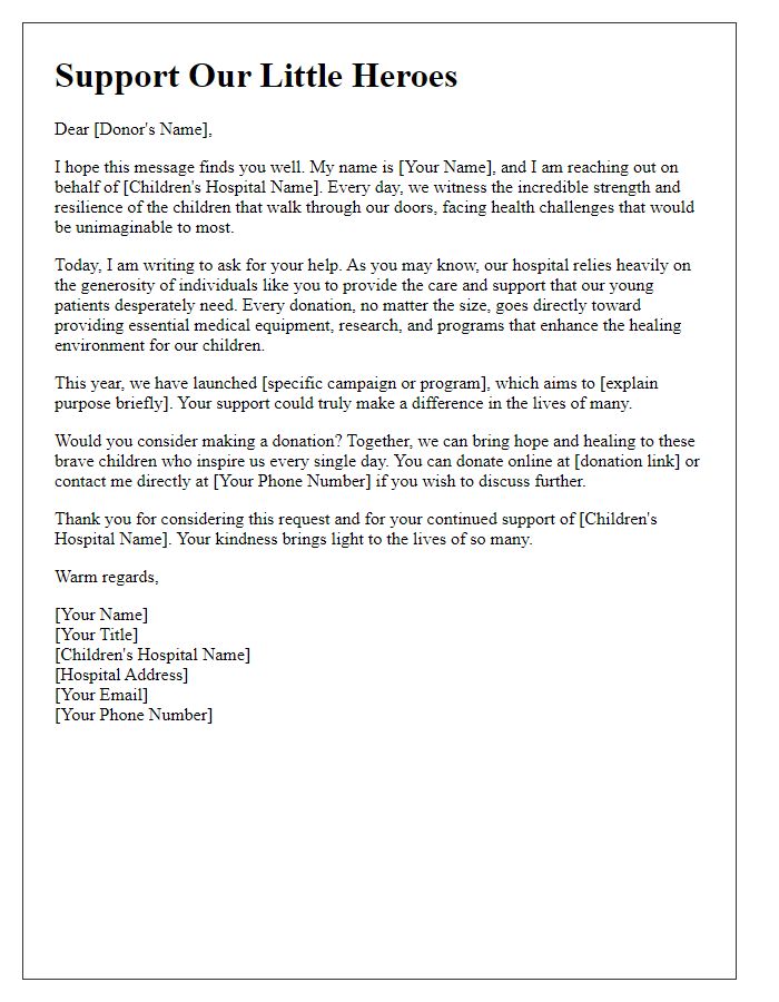 Letter template of personal touch donation request for childrens hospital.