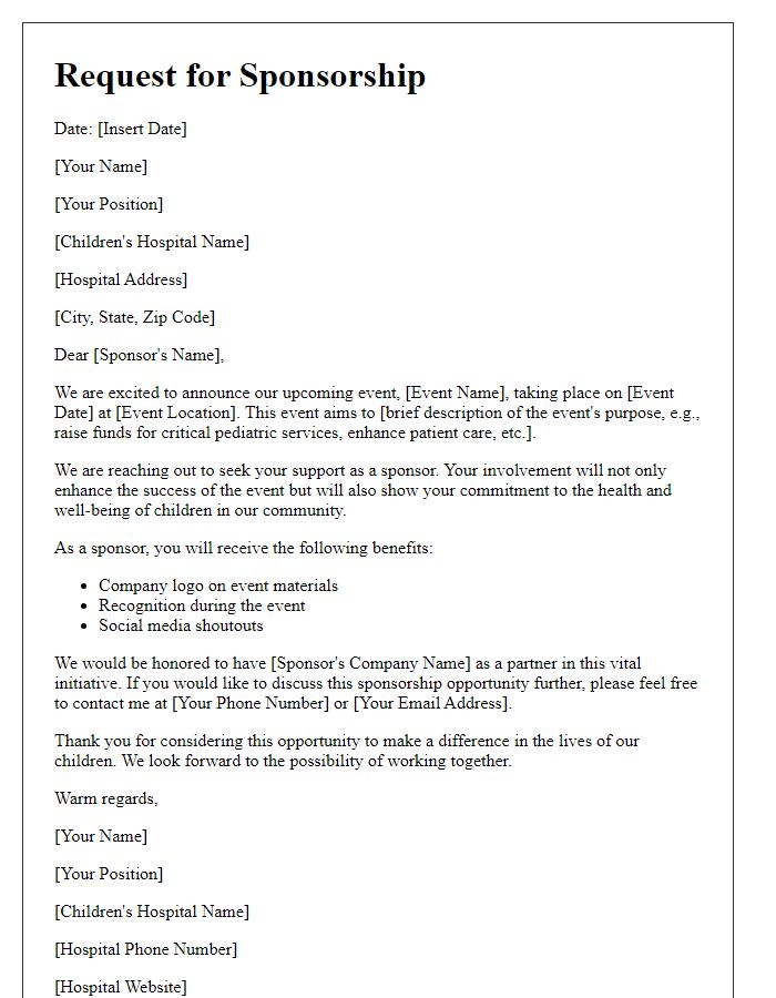 Letter template of sponsorship request for children's hospital events.