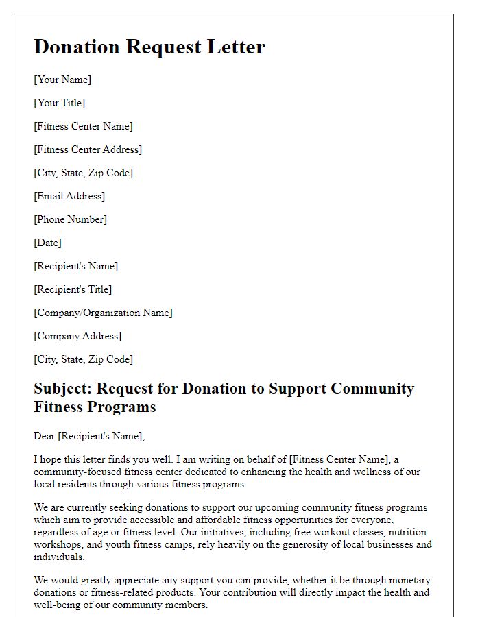 Letter template of donation request for fitness centers aimed at enhancing community fitness programs.