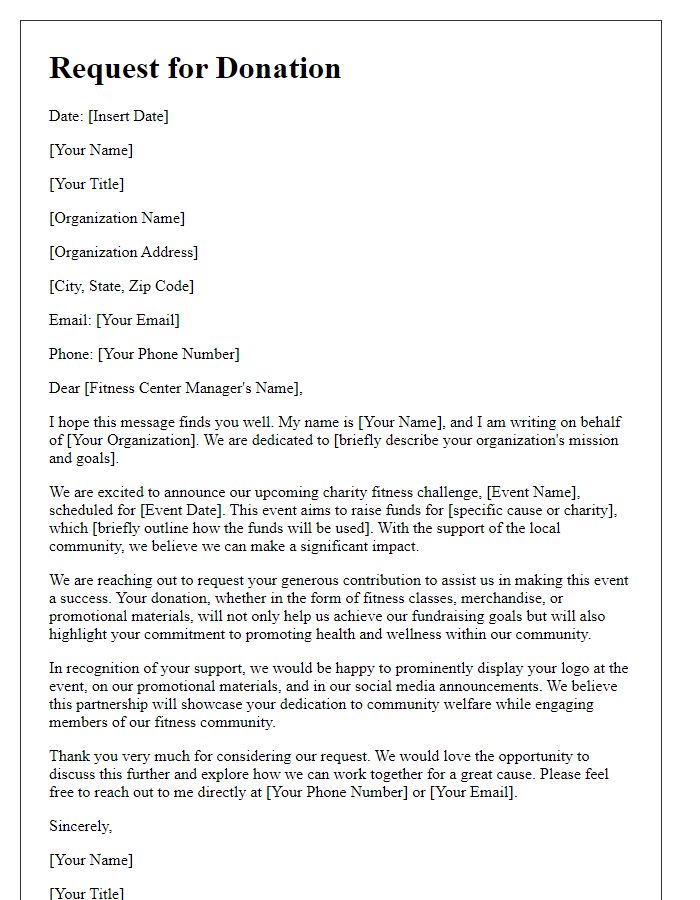 Letter template of donation request for fitness centers to contribute to charity fitness challenges.