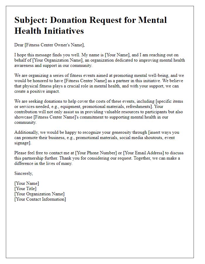 Letter template of donation request for fitness centers interested in supporting mental health initiatives.