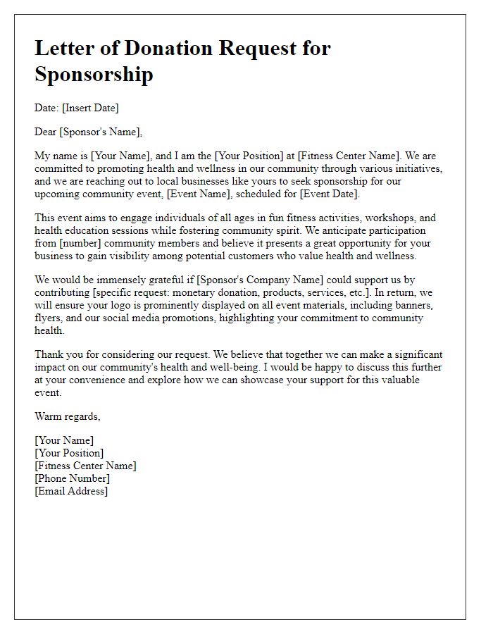 Letter template of donation request for fitness centers seeking sponsorship for community events.