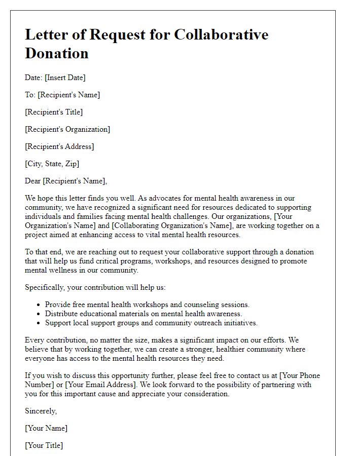 Letter template of a collaborative donation request for community mental health resources.