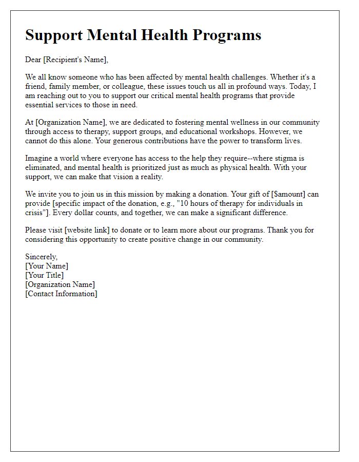 Letter template of a persuasive fundraising letter for mental health programs.