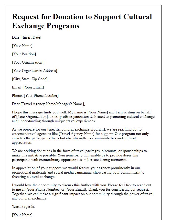 Letter template of donation request aimed at travel agencies for cultural exchange programs.