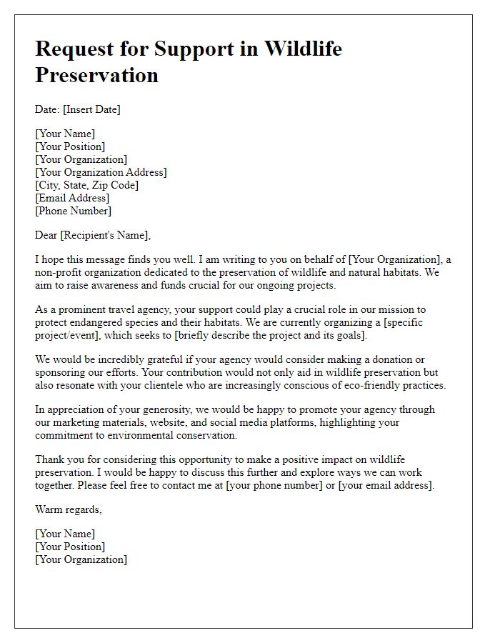 Letter template of donation request for travel agencies to assist in wildlife preservation.