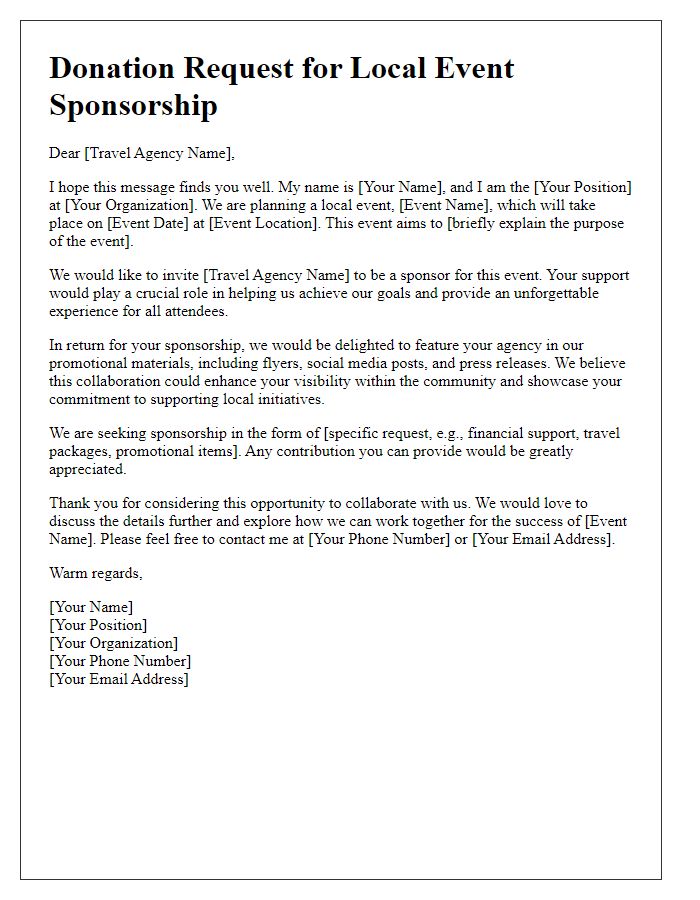 Letter template of donation request for travel agencies to sponsor local events.