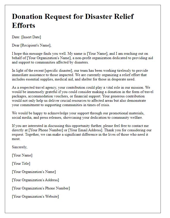 Letter template of donation request for travel agencies supporting disaster relief efforts.