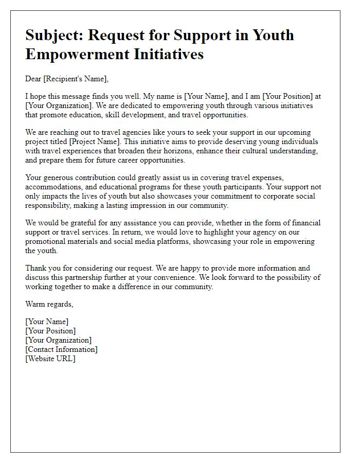 Letter template of donation request for travel agencies supporting youth empowerment.