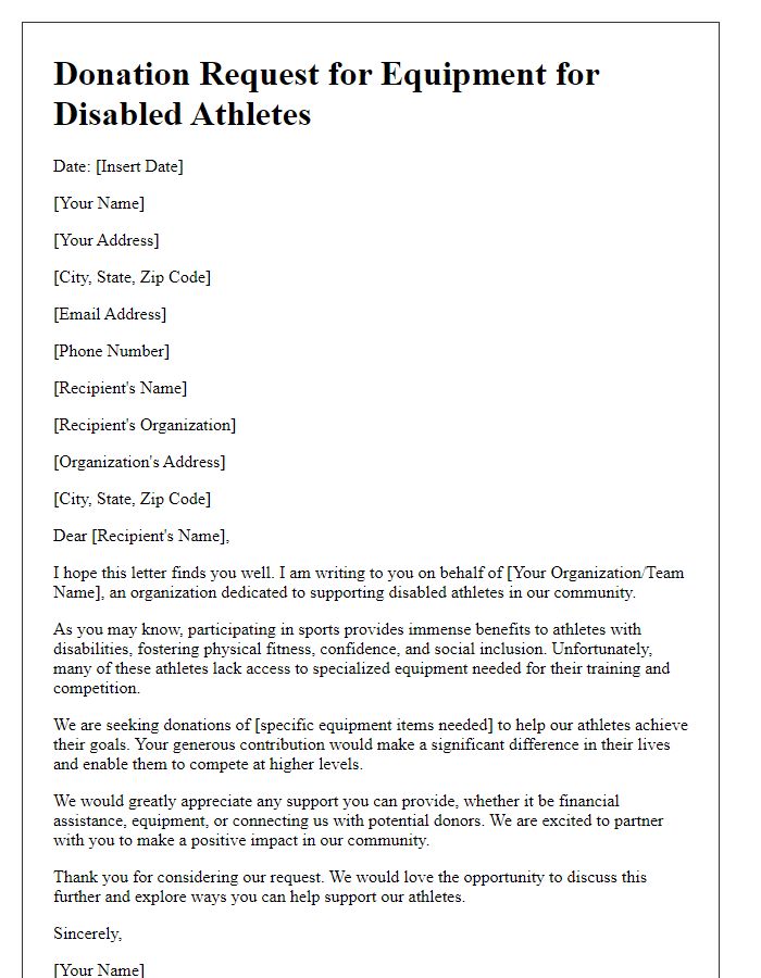 Letter template of donation request for equipment for disabled athletes