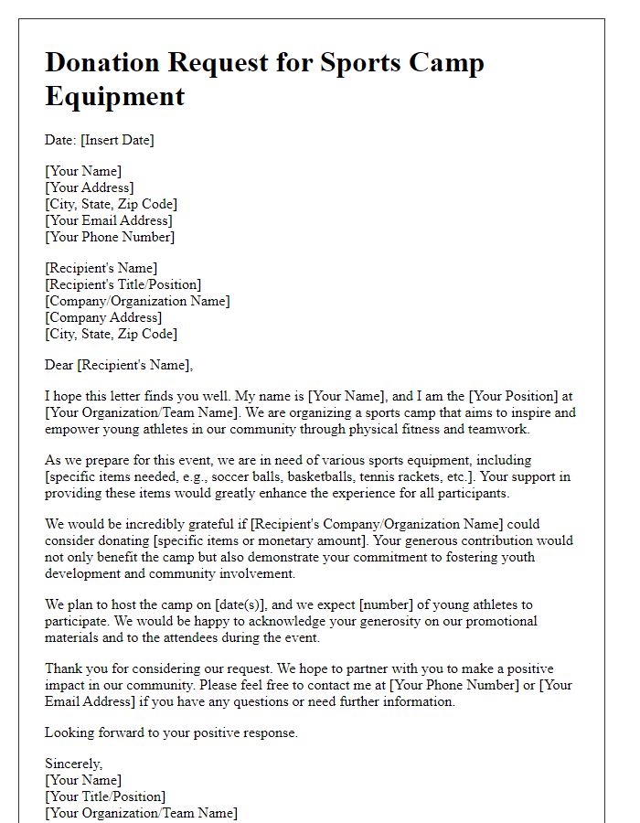 Letter template of donation request for equipment for a sports camp