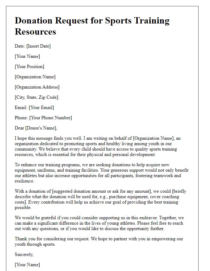 Letter template of donation request for sports training resources