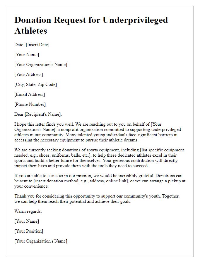 Letter template of donation request for underprivileged athletes' equipment