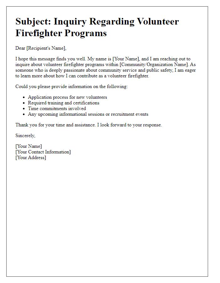 Letter template of an assistance inquiry for volunteer firefighter programs