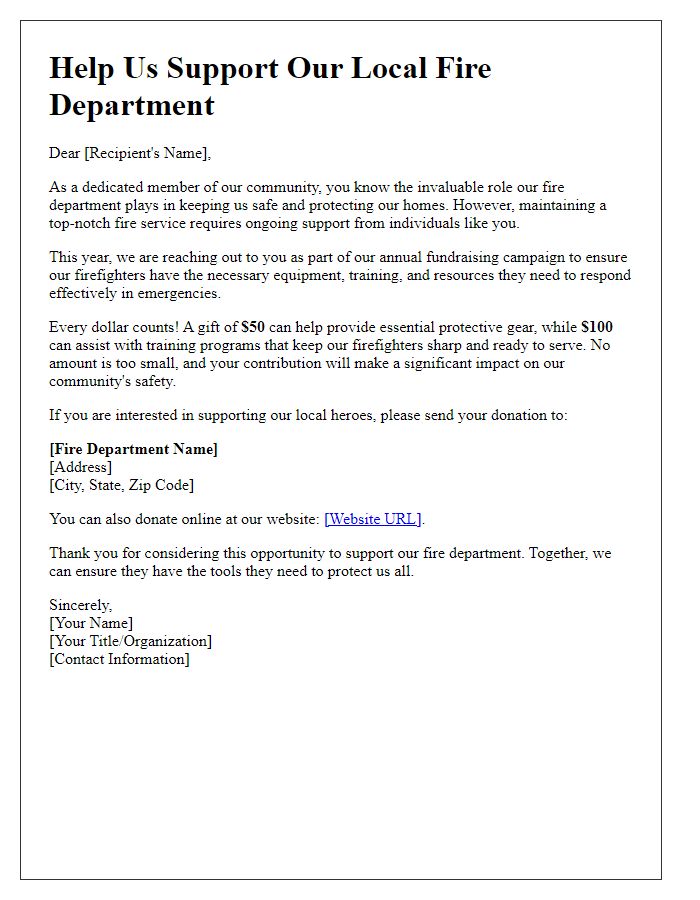 Letter template of a fundraising appeal for fire department support