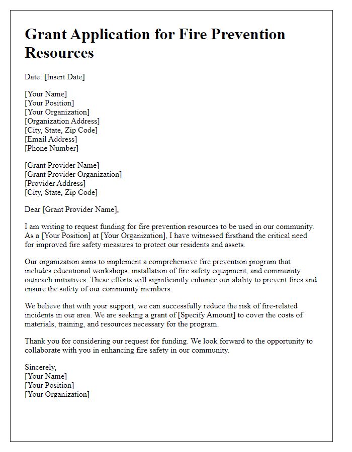 Letter template of a grant application for fire prevention resources