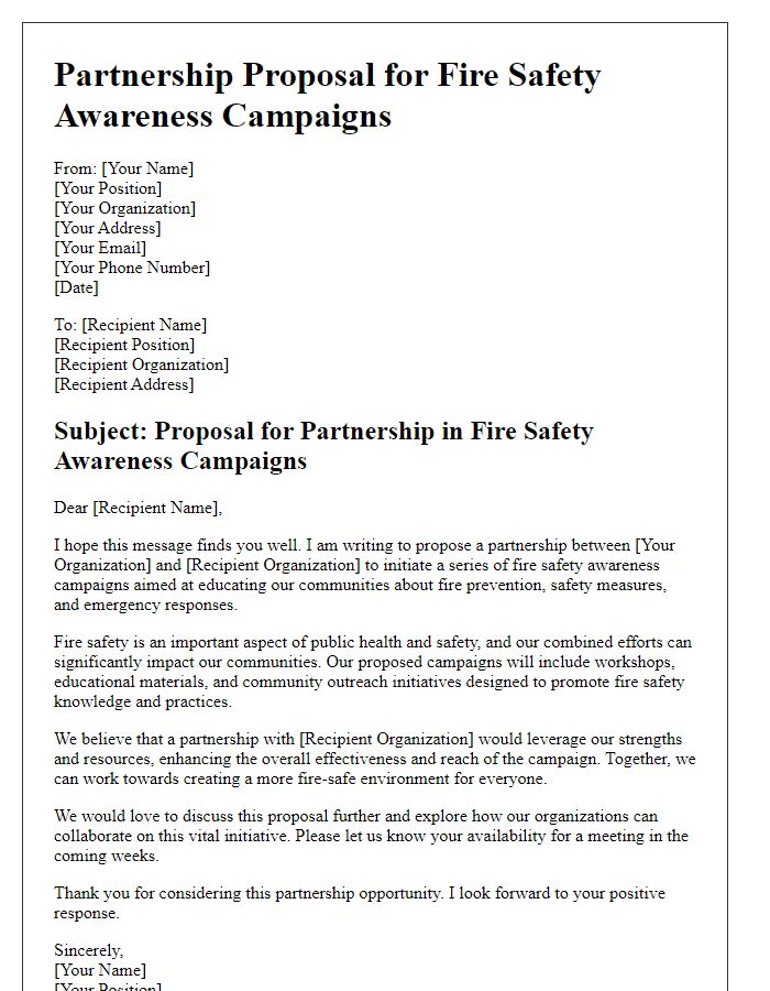 Letter template of a partnership proposal for fire safety awareness campaigns