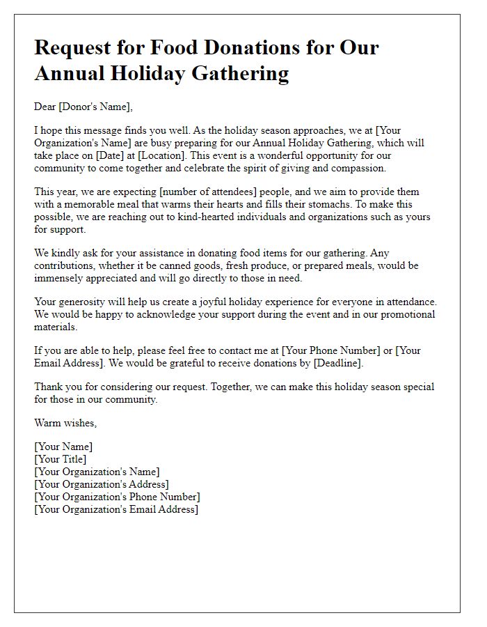 Letter template of charity food donation request for annual holiday gathering.