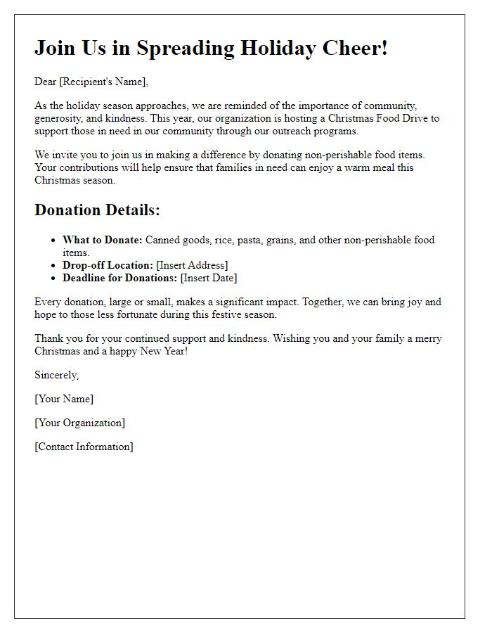 Letter template of Christmas food drive donation solicitation for outreach programs.