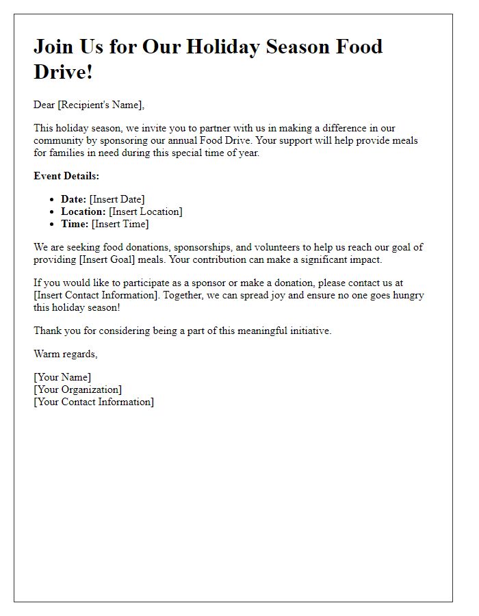 Letter template of holiday season food drive invitation for sponsorship and donations.