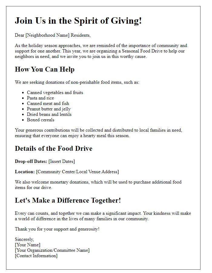 Letter template of seasonal food drive fundraising appeal for neighborhood assistance.