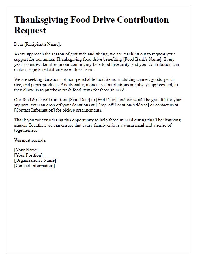 Letter template of Thanksgiving food drive contribution request for food banks.