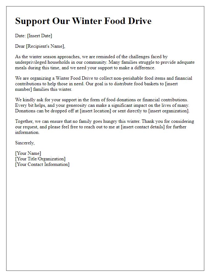 Letter template of winter food drive support request for underprivileged households.