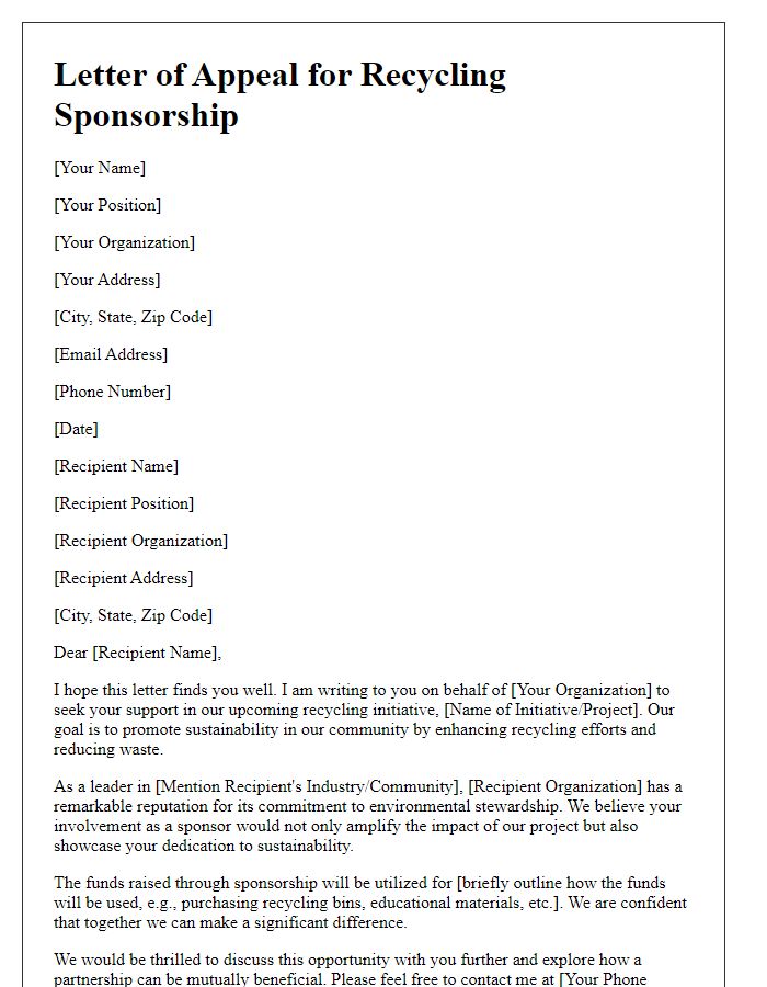 Letter template of appeal for recycling sponsorship