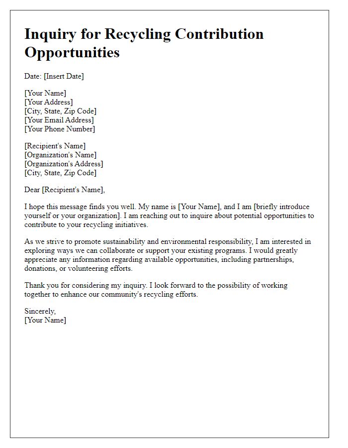 Letter template of inquiry for recycling contribution opportunities