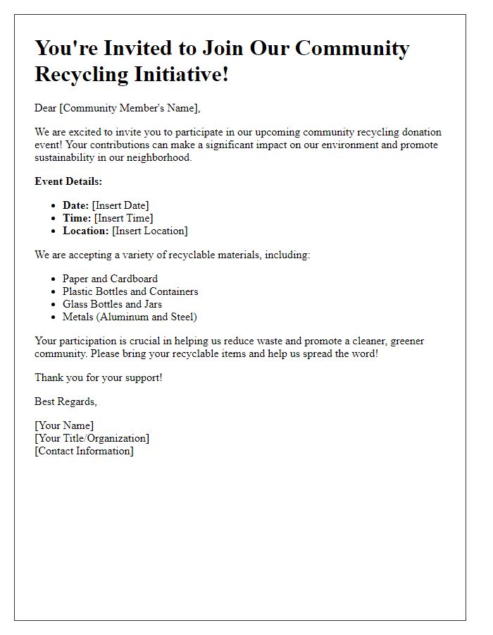 Letter template of invitation for community recycling donations