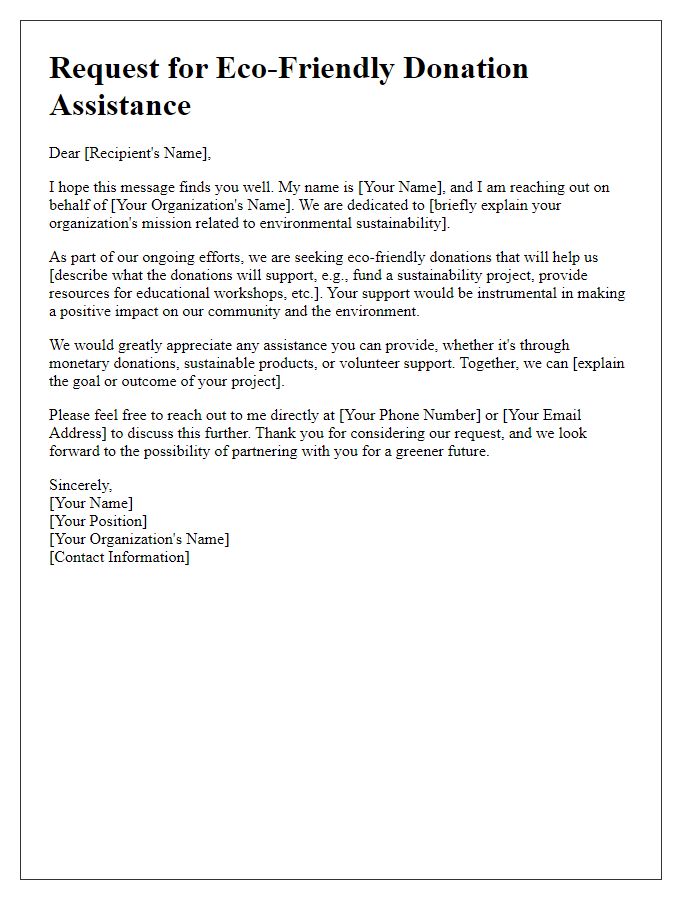 Letter template of outreach for eco-friendly donation assistance