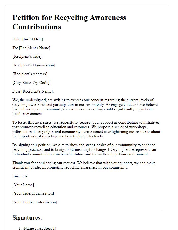 Letter template of petition for recycling awareness contributions