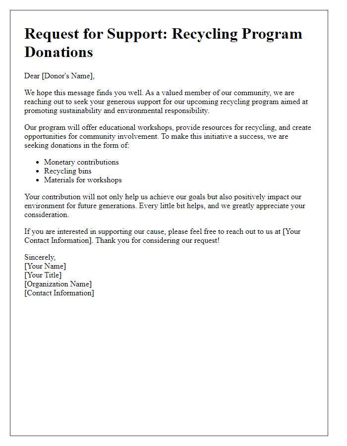 Letter template of solicitation for recycling program donations