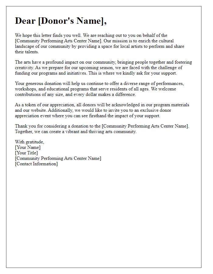 Letter template for donation request for community performing arts center