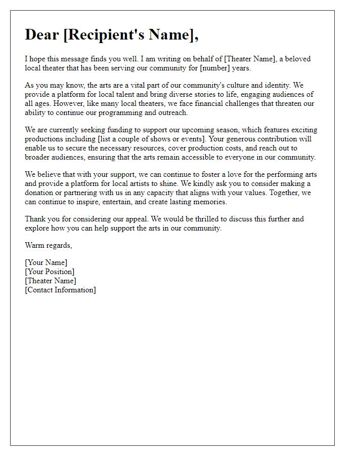 Letter template for funding appeal for local theater arts