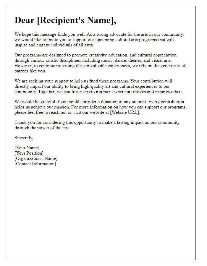 Letter template for patronage appeal for cultural arts programs