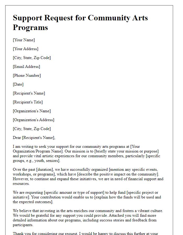 Letter template for support request for community arts programs