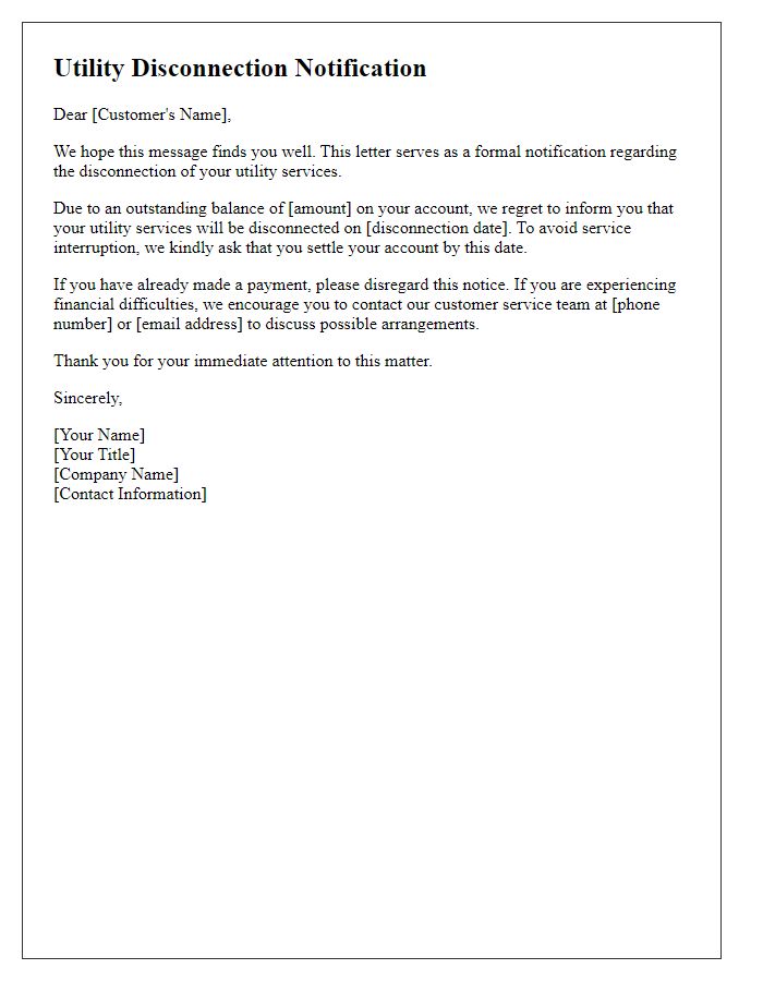 Letter template of customer notification for utility disconnection