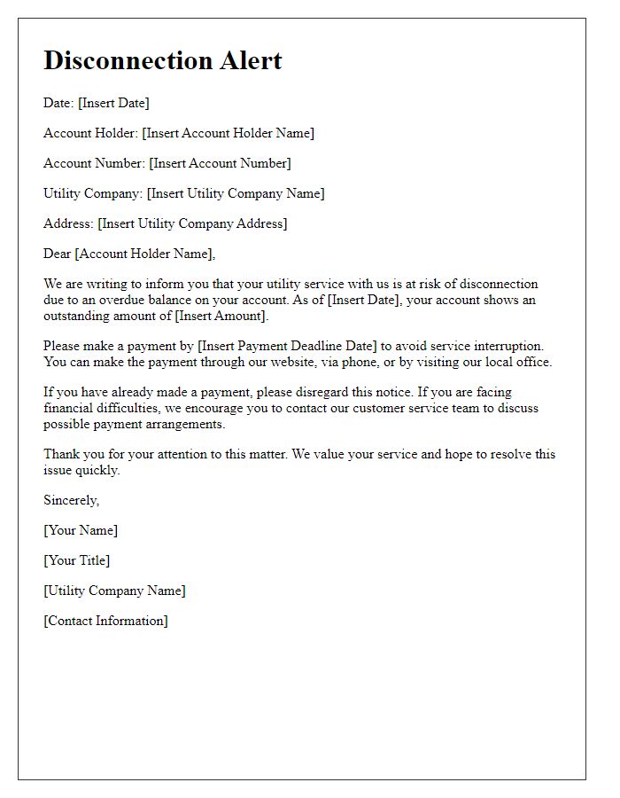 Letter template of disconnection alert for utility services