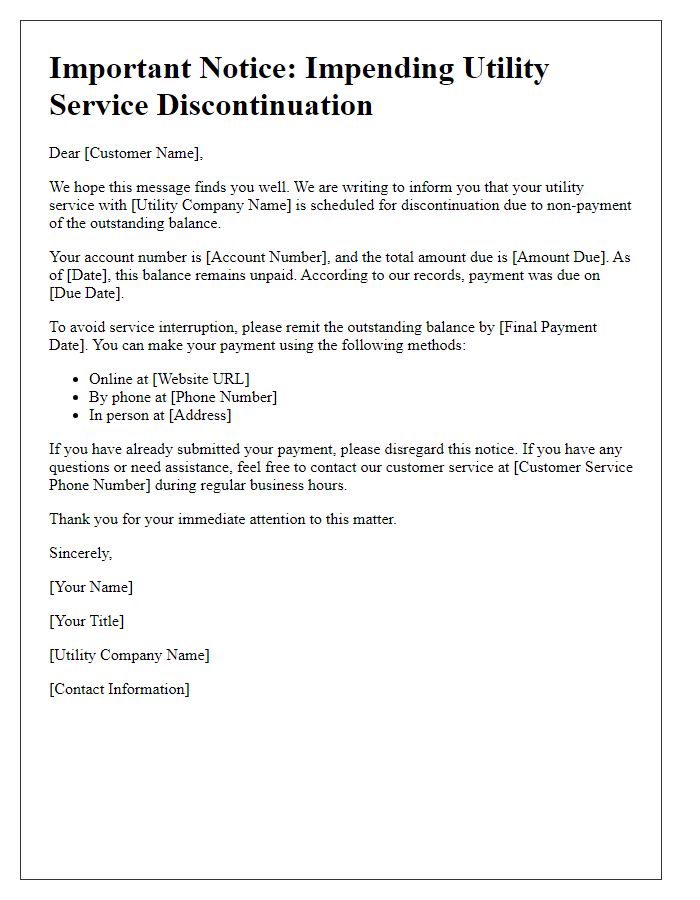 Letter template of impending utility service discontinuation