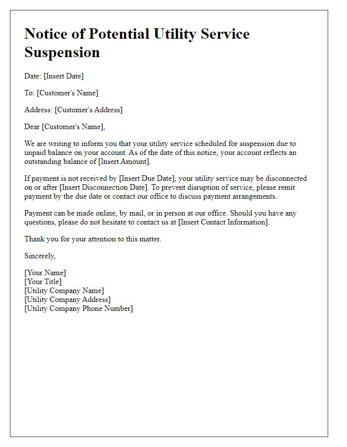 Letter template of notice for potential utility service suspension