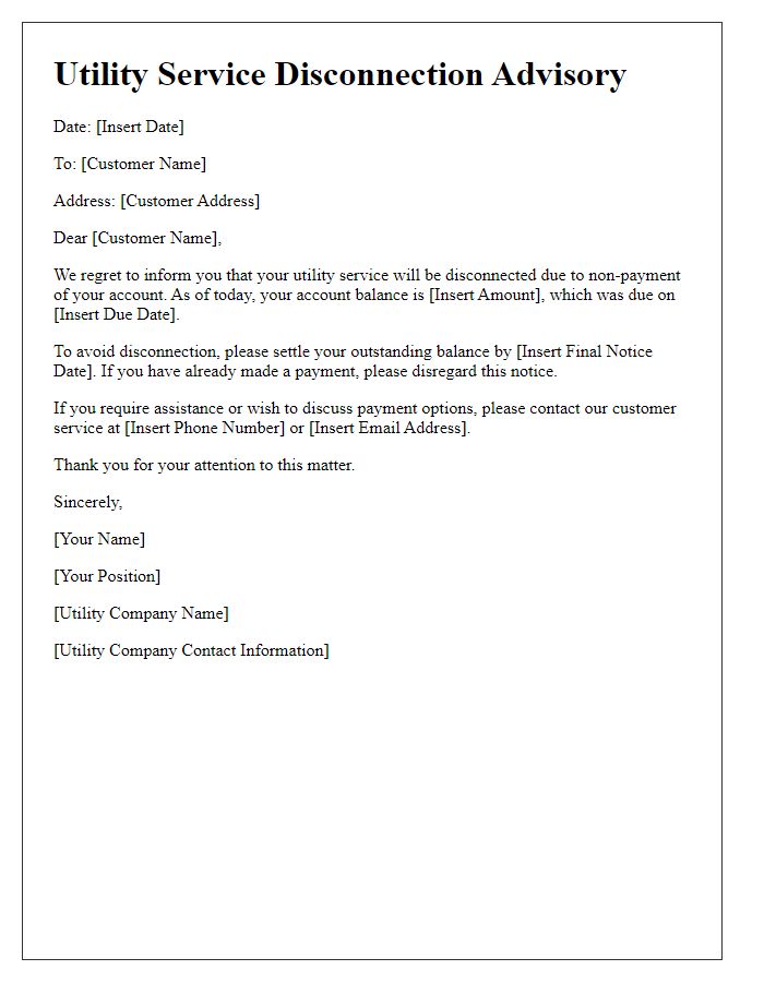 Letter template of utility service disconnection advisory