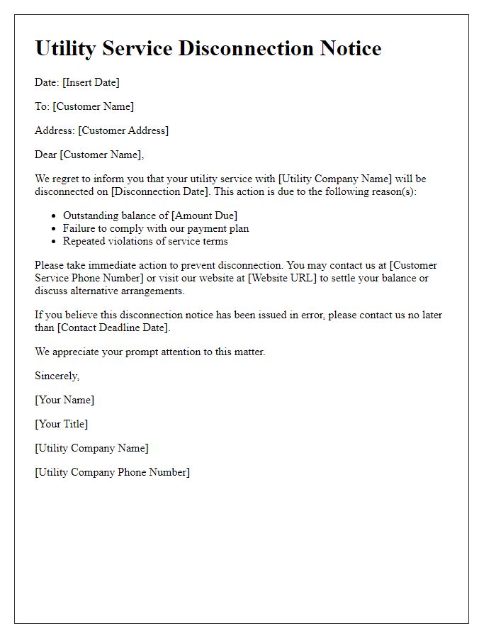 Letter template of utility service disconnection notice