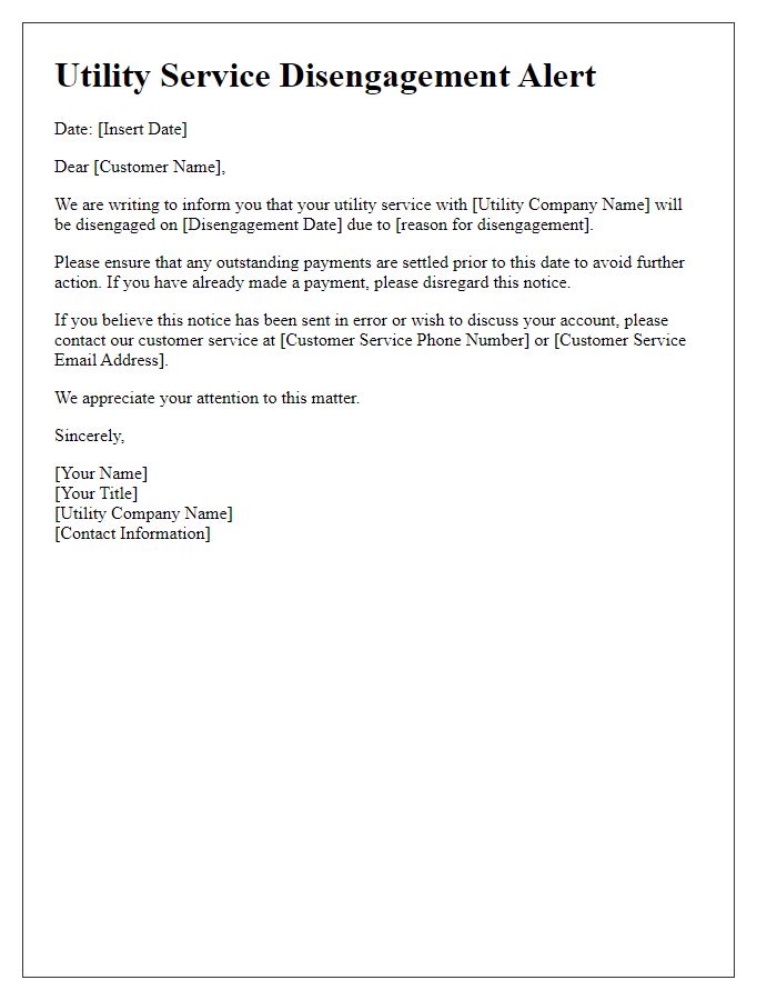 Letter template of utility service disengagement alert