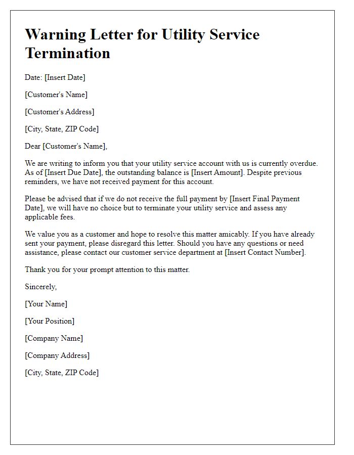 Letter template of warning for utility service termination