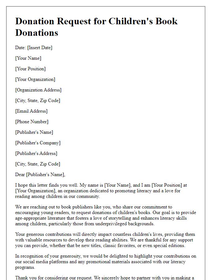 Letter template of donation request for children's book donations to book publishers