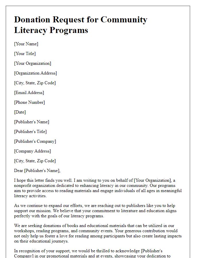 Letter template of donation request for community literacy programs to book publishers