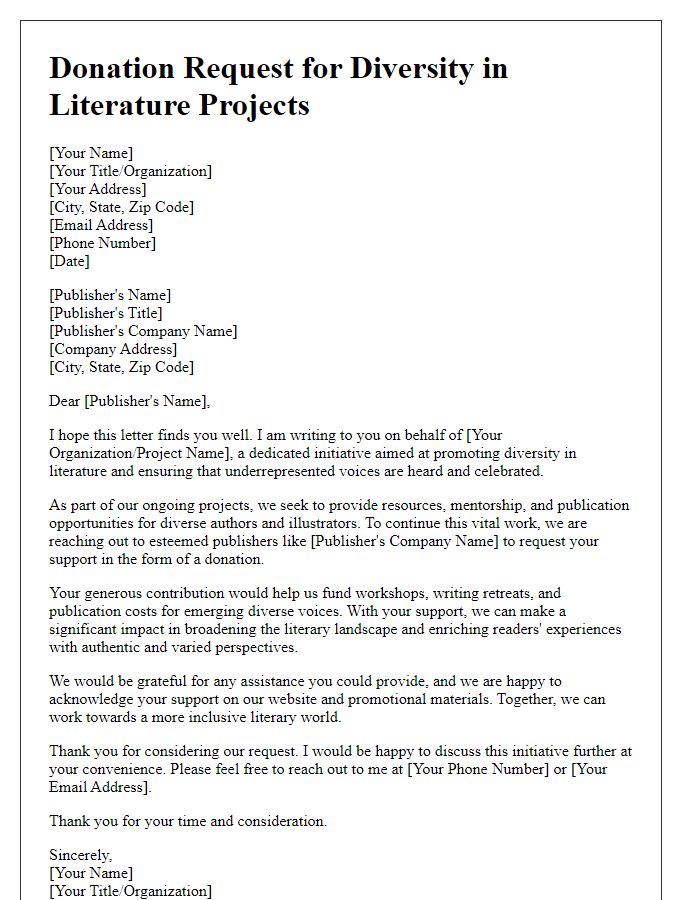 Letter template of donation request for diversity in literature projects to book publishers