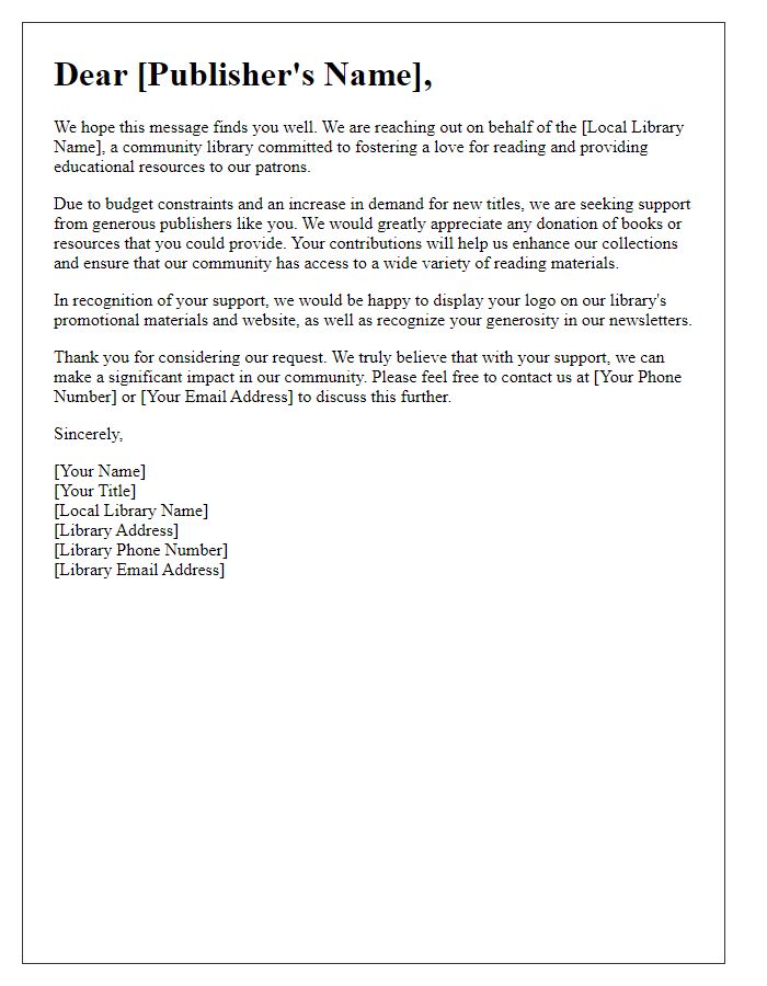 Letter template of donation request for local library support to book publishers