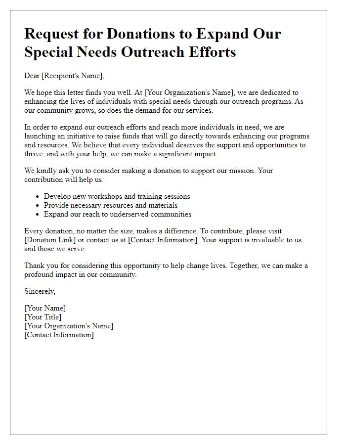 Letter template of initiative for donations to expand special needs outreach efforts.